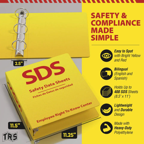 OSHA Compliant SDS Binder 2 Inch Heavy Duty MSDS Binder Bilingual English Spanish Holds 400 Sheets Bright Yellow Safety Data Sheet Organizer For Quick Access And Audit Ready Compliance shown open with features highlighted.