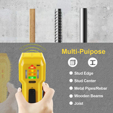 Multi-purpose wall scanner detecting wood, metal, and rebar with LED indicator. Wall Scanner And Stud Finder For Wood And Metal Detects Edges Up To Three Quarter Inch Thick Walls With Battery Included Easy To Calibrate Pro Grade Accuracy For Hanging Frames TV Mounts And Full Room Renovations.