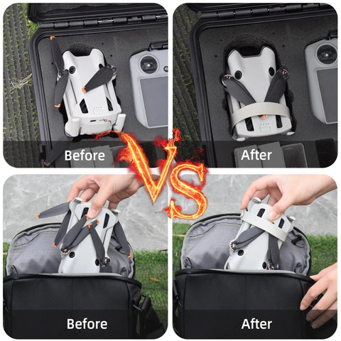 Before and after using DJI Mini 4 Pro Propeller Guard Strap Holder For Secure Propeller Protection When Stowed Durable Soft Plastic Stabilizer Fixator Front And Rear Blade Shield Compact Portable Drone Accessory For Travel Grab And Go in case and bag