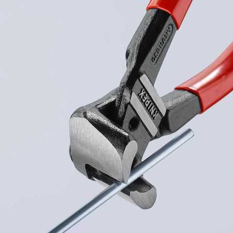 Close-up of High Leverage End Cutters 8 Inch Bolt Cutter Model 61 01 200 SBA, cutting wire with red handles.