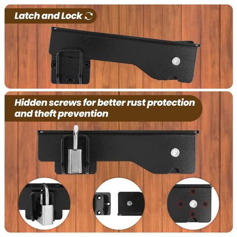 Heavy Duty Flip Gate Latch Crafted From Reliable Carbon Steel For Barns And Wood Fences showing hidden screws and padlock hole.