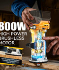 Cordless Compact Router With 800W Brushless Motor, 30,000 RPM, 6 Variable Speeds shown being used on wood surface