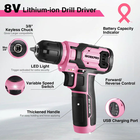 Pink Cordless Drill Set 8V Impact Drill Driver With 53 Piece Bit Kit 2.0Ah Battery Three Eighths Inch Keyless Chuck Variable Speed Trigger