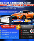 MaxiCOM MK808BT Pro Bidirectional Diagnostic Tool With 2026 Upgrade shown with sports car and Bluetooth scanning features.