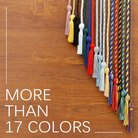 Assorted graduation cords in various colors displayed against wood background, including Royal Blue And White Graduation Cords For 2026 Honor Cord Braided 67 Inch Long Graduation Ropes For Ceremony Decor And Bachelor Gown Accessories Sweet Gift Idea For Graduation Parties.