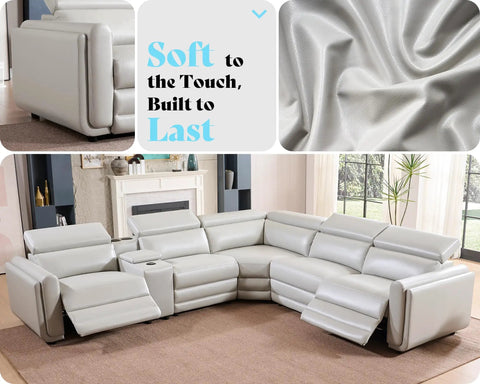 Light grey leather power recliner sectional with USB, storage, and adjustable headrests in living room.
