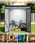 6 By 4 Ft Heavy Duty Metal Storage Shed With Sloped Roof And Lockable Door For All Season Outdoor Storage In Grey. Open doors showing bicycle and lawnmower storage.
