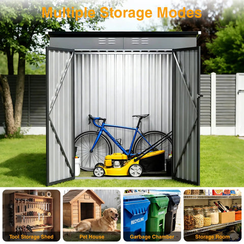 6 By 4 Ft Heavy Duty Metal Storage Shed With Sloped Roof And Lockable Door For All Season Outdoor Storage In Grey. Open doors showing bicycle and lawnmower storage.
