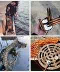 MUTUACTOR magnet fishing kit collage: water fishing scene with rope, magnet and nails; recovered jewelry; rusty drain cover