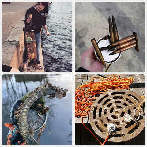 MUTUACTOR magnet fishing kit collage: water fishing scene with rope, magnet and nails; recovered jewelry; rusty drain cover