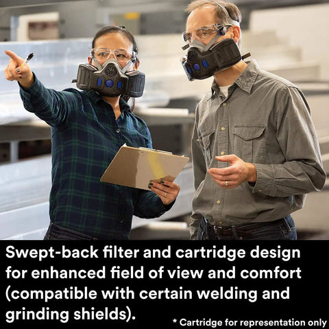 Two people wearing HF-800 Series half facepieces with P100 Respirator Cartridge Filter For Secure Click D80926 in a workshop