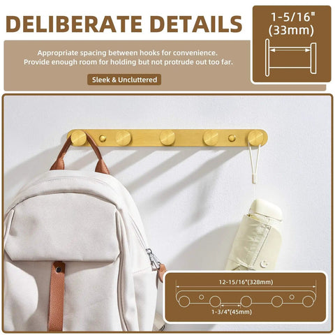 Five Hook Towel Rack In Brushed Dark Gold Stainless Steel, Wall Mount Bathroom Organizer With Hooks Spaced 45mm Apart
