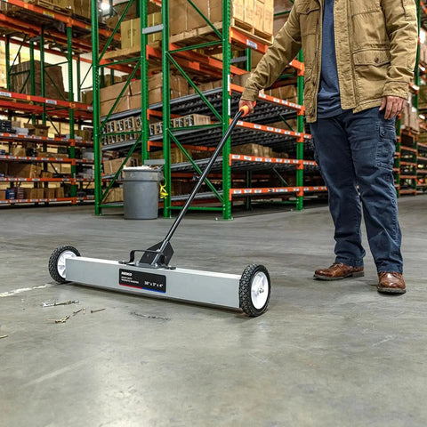 36 Inch Magnetic Pickup Sweeper With Wheels Adjustable Handle Floor Magnet And Heavy Duty Magnet To Scoop Nails And Debris 55 Pound Capacity For Quick Job Site Cleanup On Construction Or Workshop Floors