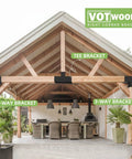 Outdoor pergola with 4 Pack 3-Way Right Angle Pergola Bracket Kit For 4x4 Wood Beams Tough As Nails Cast Iron With Galvanized Waterproof Layer And Black Powder Coat Easy 0.98 Inch Slot Insertion Outdoor Gazebos Patios Log Cabins. Installed bracket view with wood beams.