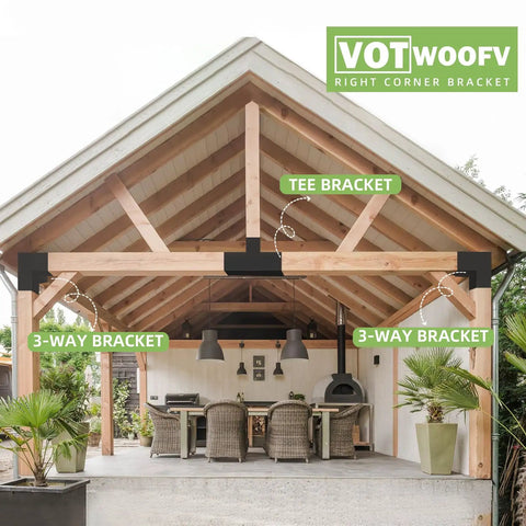 Outdoor pergola with 4 Pack 3-Way Right Angle Pergola Bracket Kit For 4x4 Wood Beams Tough As Nails Cast Iron With Galvanized Waterproof Layer And Black Powder Coat Easy 0.98 Inch Slot Insertion Outdoor Gazebos Patios Log Cabins. Installed bracket view with wood beams.