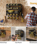 Power Tool Organizer Wall Mount With Charging Station And 8 Outlet Power Strip Pro Grade Heavy Duty Metal Tool Rack With Cordless Drill Holder And Battery Storage For Garage 6.56 Ft Cord installed on wall in garage
