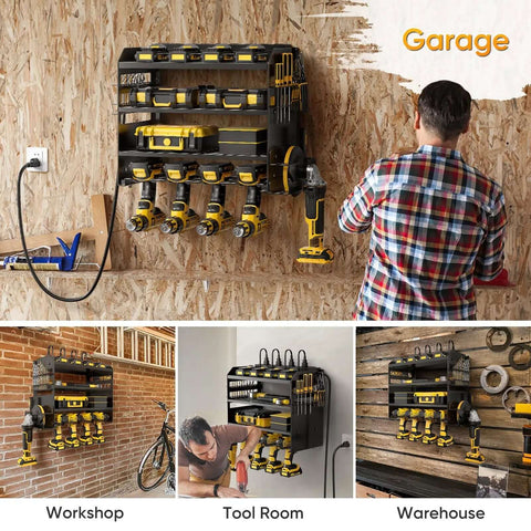 Power Tool Organizer Wall Mount With Charging Station And 8 Outlet Power Strip Pro Grade Heavy Duty Metal Tool Rack With Cordless Drill Holder And Battery Storage For Garage 6.56 Ft Cord installed on wall in garage