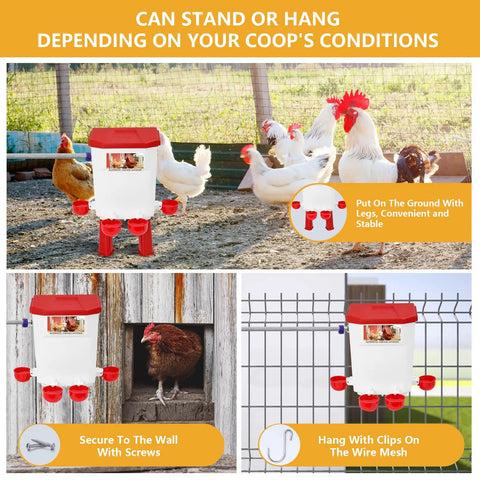 Automatic Chicken Waterer with Float Valve in coop showing stand and hang options next to chickens with red top and fittings.