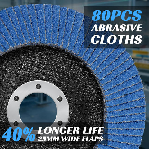 Front view of blue flap disc for angle grinder; metal hub with four mounting holes.