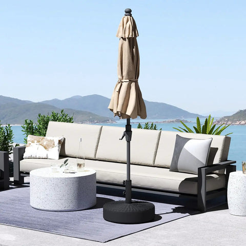 Heavy Duty Water Fillable Round Umbrella Base Weight Workhorse 88 Lb Stand for Patio Outdoor Market Table Umbrella in use