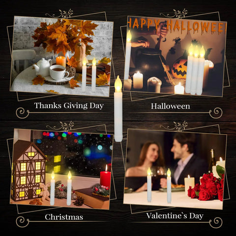 60 Pcs Flameless Led Taper Candles Battery Operated Flickering Warm Light For Weddings And Church Venues White Candles White Light Battery Not Included Realistic Candle Ambiance Safe Durable Decor displayed for various holidays including Thanksgiving, Halloween, Christmas, and Valentine's Day.
