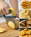 Yellow and blue stainless steel crinkle cutter slicing a potato on a cutting board; includes blade guard.