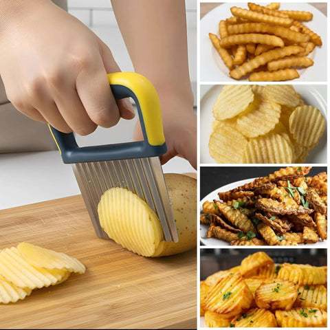 Yellow and blue stainless steel crinkle cutter slicing a potato on a cutting board; includes blade guard.