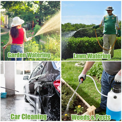 Collage showing All Metal 29 Inch Sprayer Wand for garden, lawn watering, car cleaning, and pest control use.