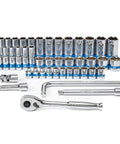 3/8 Inch Drive Socket Set With Quick Release Ratchet And 90 Tooth, 43 Piece Standard And Deep Metric Sockets, from 6mm to 24mm