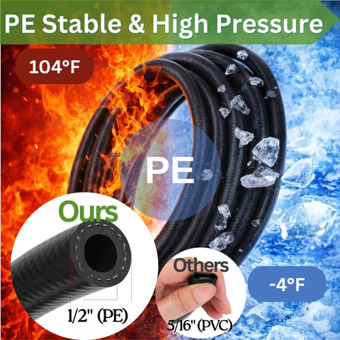 PE tubing in All In One 240Ft Drip Irrigation System for Garden and Yard, showing durability in high and low temperatures.