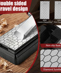 Badass Chisel Sharpener And Honing Guide With Adjustable Angle Fixture And Gauge For Ten To Forty Five Degree Bevels On Plane Blades Ranging Point One To Two Point Eight Inches Plus 400 And 1000 Grit Diamond Stones Solid Shop Essential dual-sided sharpening stone with 400 and 1000 grit diamond surfaces.