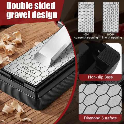 Badass Chisel Sharpener And Honing Guide With Adjustable Angle Fixture And Gauge For Ten To Forty Five Degree Bevels On Plane Blades Ranging Point One To Two Point Eight Inches Plus 400 And 1000 Grit Diamond Stones Solid Shop Essential dual-sided sharpening stone with 400 and 1000 grit diamond surfaces.