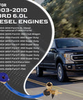 6.0L Oil Cooler Flush Kit With T Port And Anodized Aluminum Adapter For Ford 2003 To 2010 Diesel Engines shown with truck