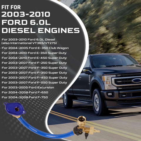 6.0L Oil Cooler Flush Kit With T Port And Anodized Aluminum Adapter For Ford 2003 To 2010 Diesel Engines shown with truck