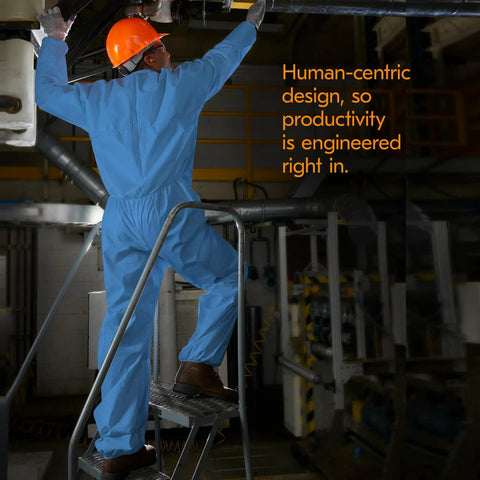 Worker wearing Breathable Particle Protection Coveralls With Zipper Front, Elastic Back, Wrists And Ankles, Blue Reflex Design, XL Disposable Workwear, Five Layer SMS Material For Dust And Dirt, Case Of 24.