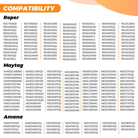 Compatibility chart for Easy Fit Dryer Heating Element And Thermal Fuse Kit For Whirlpool Kenmore Maytag Amana Dryers Replaces part numbers.