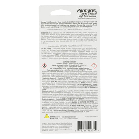Back of packaging for Beefed-Up High Temperature Thread Sealant In A 50 Ml Tube, OE Direct Fit, showing instructions and warnings