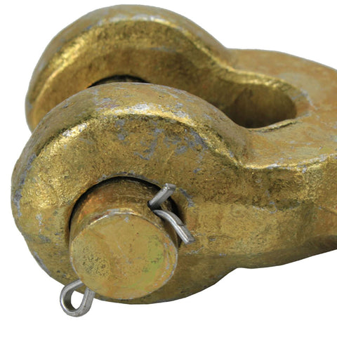 Close-up of Half Inch Clevis Slip Hook Four Pack Grade 70 Heavy Duty Tie Down Hooks For Chains, Yellow Zinc Chromate finish