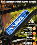 Beast Electric Mountain Bike For Adults With 21 Speed Gear System And 27.5 Inch Wheels, 1200W Peak Brushless Motor, Up To 28 MPH, Removable 48V Battery Options 10.4Ah Or 13Ah, Up To 65 Miles Range, Step Over EMTB With NFC Unlock. Close-up of 48V 10.4Ah battery on frame