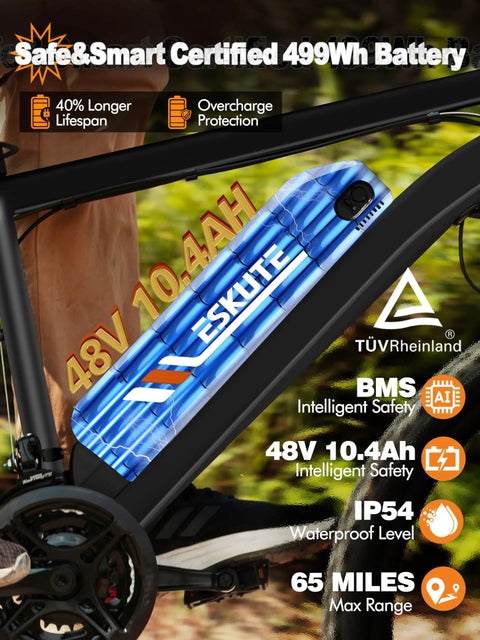 Beast Electric Mountain Bike For Adults With 21 Speed Gear System And 27.5 Inch Wheels, 1200W Peak Brushless Motor, Up To 28 MPH, Removable 48V Battery Options 10.4Ah Or 13Ah, Up To 65 Miles Range, Step Over EMTB With NFC Unlock. Close-up of 48V 10.4Ah battery on frame