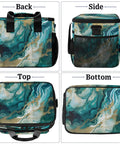 Insulated Picnic Backpack Lunch Bag For Women And Men, teal marble design, four views, large 12 x 8.7 x 10 inch main compartment
