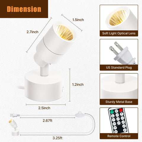 Dimensions and features of the Dope 5W LED Indoor Spotlight Kit With Remote Dimmable And Timer 3 CCT Uplighting for artwork and accents.