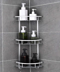 3 Tier Corner Shower Shelf Wall Mounted Bathroom Organizer With Hollow Carved Drainage Design Space Efficient Aluminum Rack And Hardware Kit For Shower Toilet Kitchen Storage No Fuss, corner view with bottles
