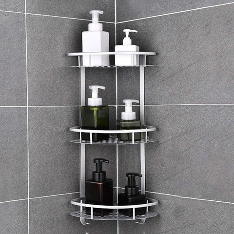 3 Tier Corner Shower Shelf Wall Mounted Bathroom Organizer With Hollow Carved Drainage Design Space Efficient Aluminum Rack And Hardware Kit For Shower Toilet Kitchen Storage No Fuss, corner view with bottles