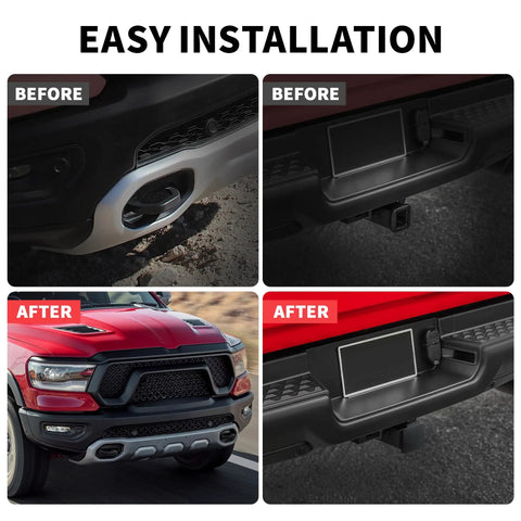 Before and after of RAM 1500 Towing Hook Cover With Custom Fit For 2019 To 2025 paired with 2 inch trailer hitch receiver cover.