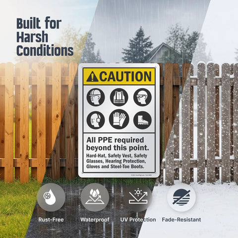 Caution All PPE Required Beyond This Point Sign Made From Durable 40 Mil Aluminum, Weatherproof And Rust Free, 10x14 Inch Safety Sign With Four Corner Holes For Easy Mounting And Built To Last Industrial Warning