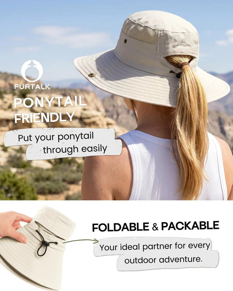Woman wearing Women's Ponytail Hole Sun Hat With Wide 3.5 Inch Brim For Hiking And Summer Outdoor UV Protection Beige Bucket Safari Hat UPF 80 Plus All Day Sun Shield, showing ponytail hole.