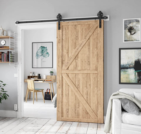 Interior view with wood door installed using 6.6 Foot Heavy Duty Sliding Barn Door Hardware Kit With Industrial Big Wheel J Hangers For Wood Doors Fits Doors 1 3 8 To 1 3 4 Inch Thick And 40 Inch Wide Panels Black Finish Pro Grade For Home Garage Barn And Farmhouse DIY Projects
