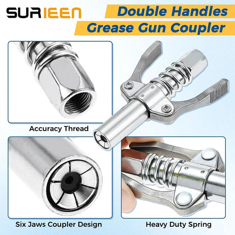 Grease Gun Tips And Couplers Kit With 90 Degree Adapter And 6 Prong Dual Handle Connector, needle tip dispenser, close-up.