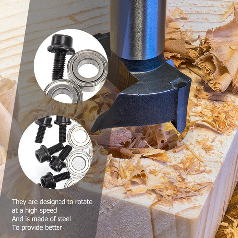 Close-up of Top Shelf Router Bit Replacement Bearing Kit With Top Mounted Ball Guide for Dead Nuts Accuracy and Reliable Woodworking Swaps. Steel components are shown.